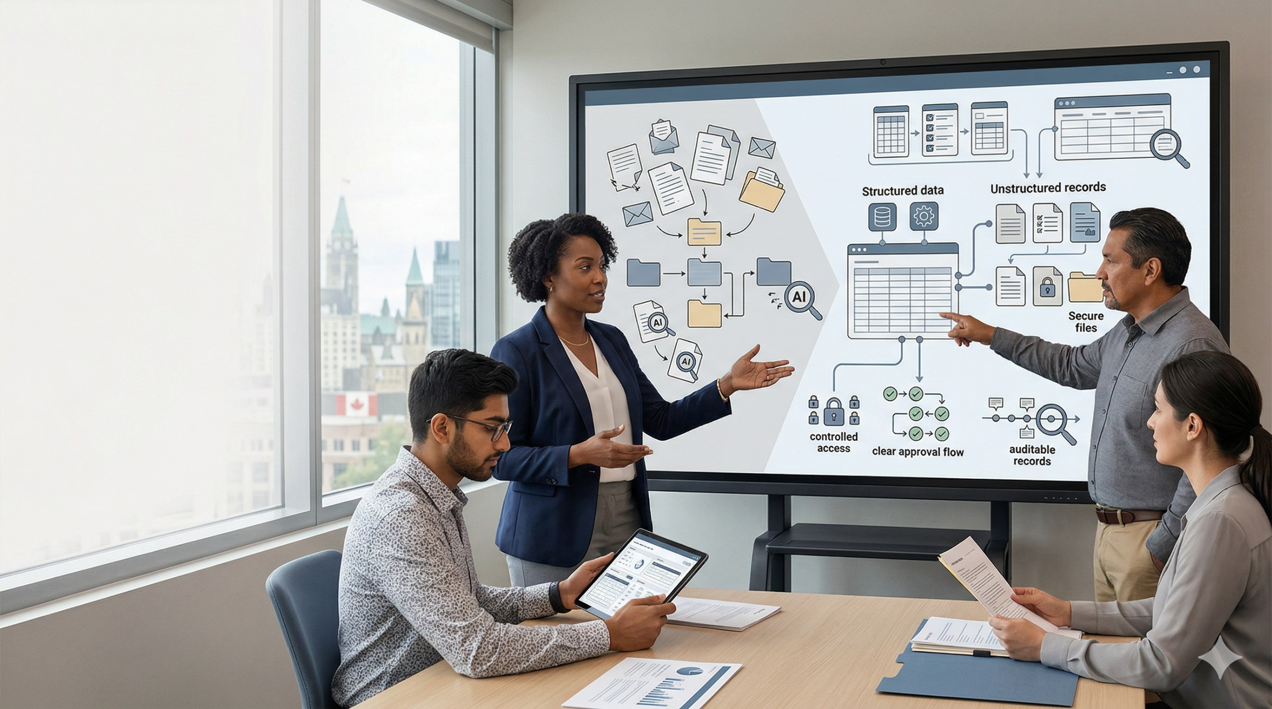 Data governance and AI strategy meeting in a modern office